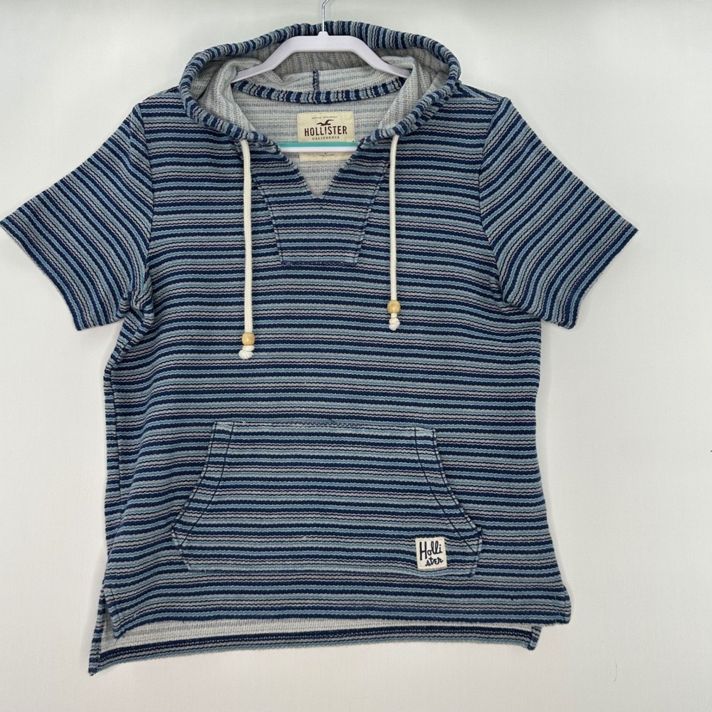 Hollister Blue Striped Short Sleeve Baja Hoodie Kangaroo Pocket Surf Size S‎